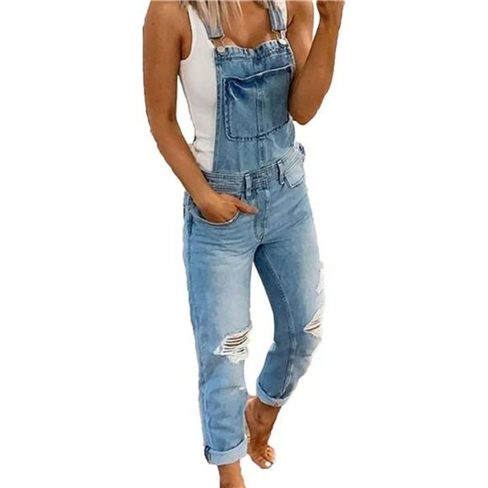Women's Ripped Denim Overalls Jean Rompers - Picture 2 of 5